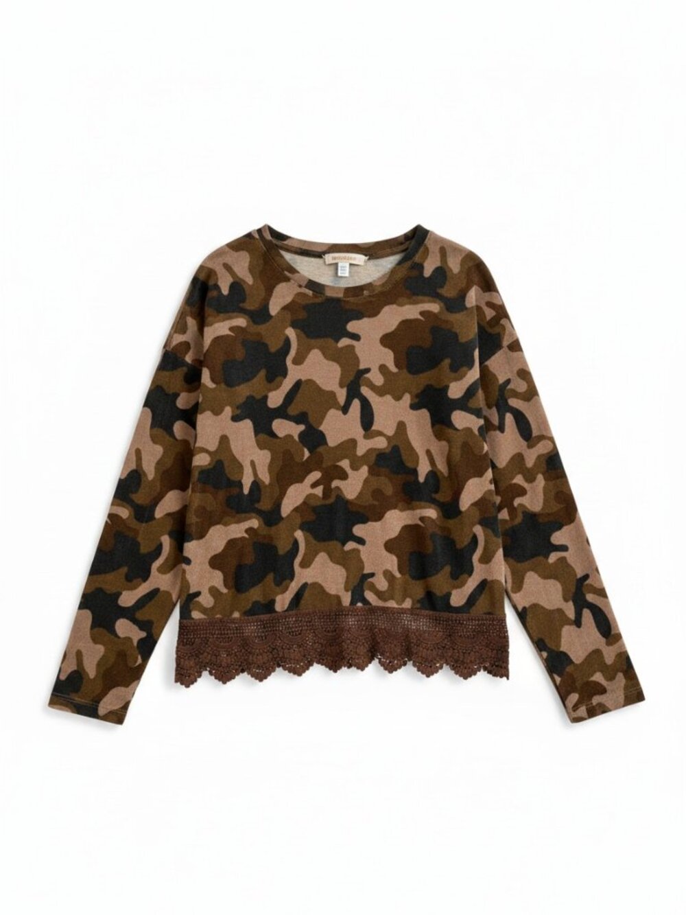 NWT Bongo Camo Sweater with Crochet Fringe Detail